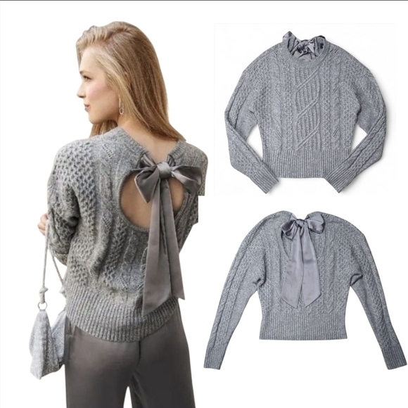 Express Tops - Express Cable Knit Sweater with Satin Tie Back Bow - Gray, Size XS